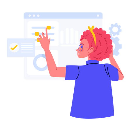 Mulher de negócios, trabalhando no gerenciamento de dados da web  Ilustração