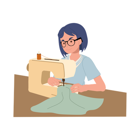 Mulher de óculos usando máquina de costura para trabalhar em roupas feitas à mão  Ilustração