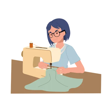 Mulher de óculos usando máquina de costura para trabalhar em roupas feitas à mão  Ilustração