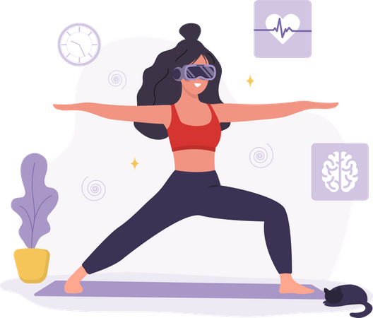 Mulher de óculos VR fazendo exercícios e ioga  Ilustração