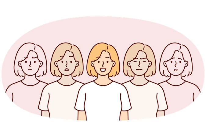 Mulher de ótimo humor está entre duplas que estão deprimidas devido ao estresse ou depressão  Ilustração