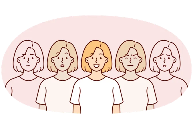 Mulher de ótimo humor está entre duplas que estão deprimidas devido ao estresse ou depressão  Ilustração