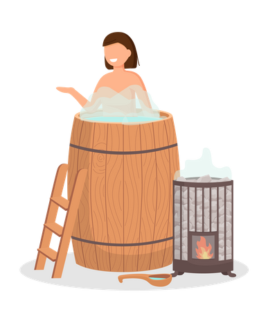 Mulher em pé na banheira de madeira com água quente  Ilustração