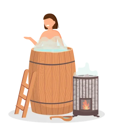 Mulher em pé na banheira de madeira com água quente  Ilustração