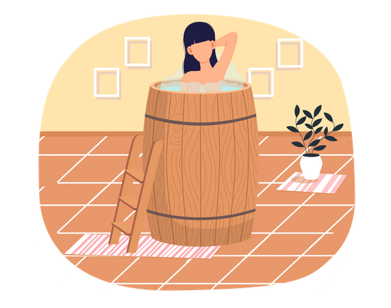 Mulher em pé na banheira de madeira  Ilustração