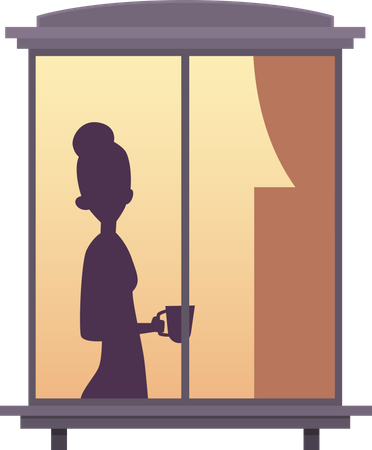 Mulher parada na janela e tomando café  Ilustração