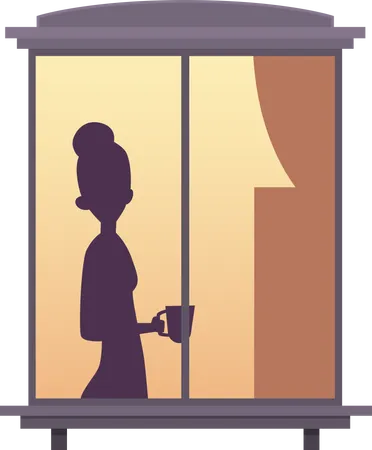 Mulher parada na janela e tomando café  Ilustração
