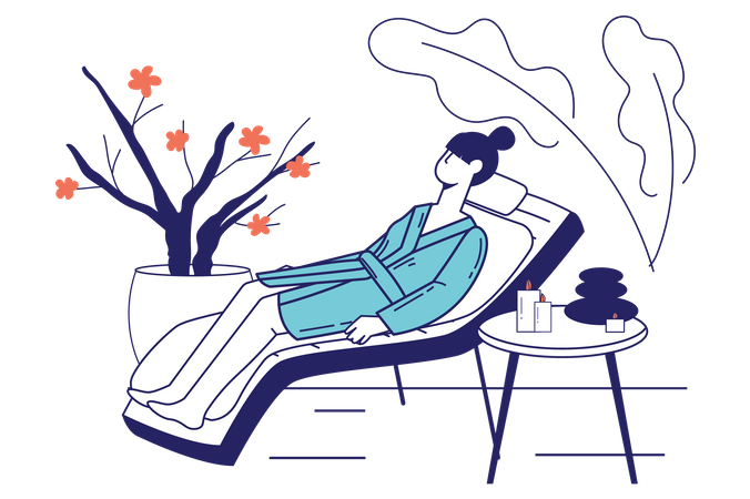 Mulher de roupão gosta de aromaterapia enquanto está deitada no sofá  Ilustração