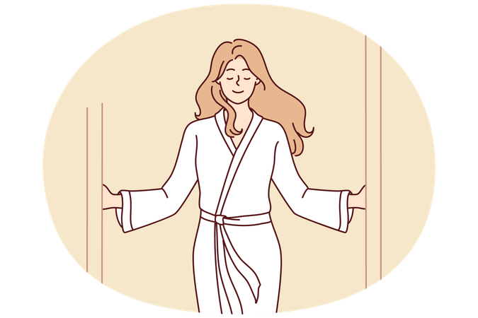 Mulher de roupão enquanto visita centro de SPA aguarda procedimentos agradáveis  Ilustração