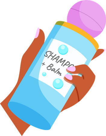 Mão feminina segurando uma garrafa com shampoo e bálsamo  Ilustração