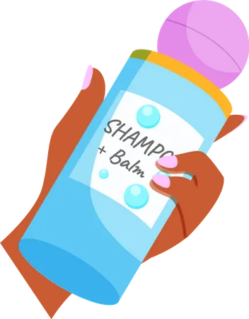 Mão feminina segurando uma garrafa com shampoo e bálsamo  Ilustração