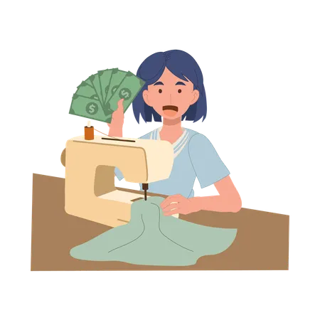 Mulher de sucesso costurando e segurando leque de dinheiro para mostrar a renda de um negócio artesanal em estúdio de moda em casa  Ilustração