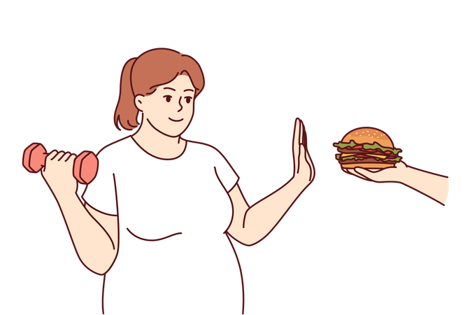 Mulher de tamanho grande faz dieta tentando se livrar do excesso de peso, desistindo de hambúrguer e levantando halteres  Ilustração