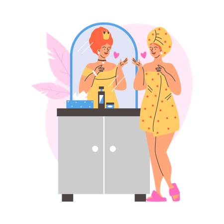 Mulher de toalha no banheiro se imagina rainha em seu reflexo no espelho  Ilustração