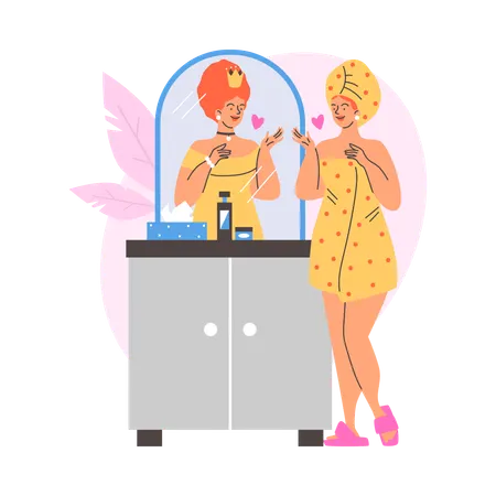 Mulher de toalha no banheiro se imagina rainha em seu reflexo no espelho  Ilustração