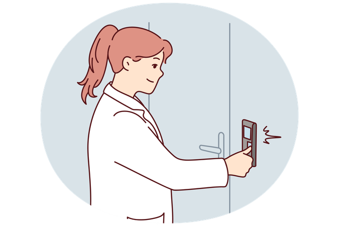 Mulher em uniforme branco troca painel de controle  Ilustração