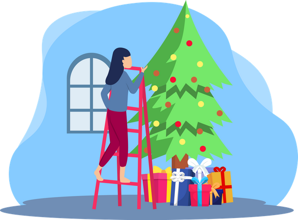 Mulher decorando árvore de natal  Ilustração