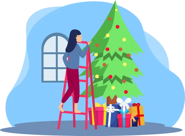 Mulher decorando árvore de natal  Ilustração