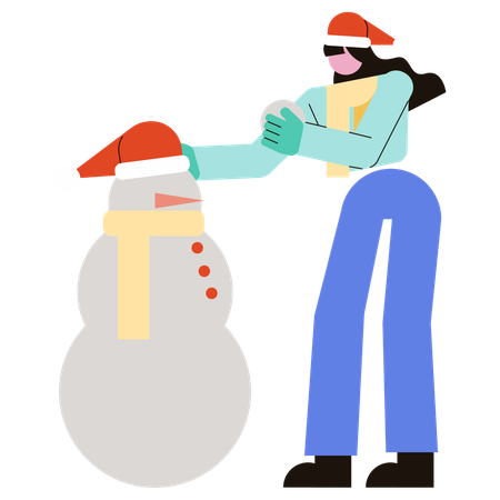 Mulher decorando boneco de neve  Ilustração