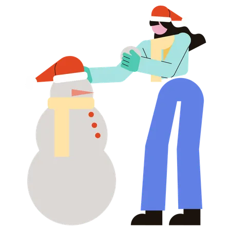 Mulher decorando boneco de neve  Ilustração