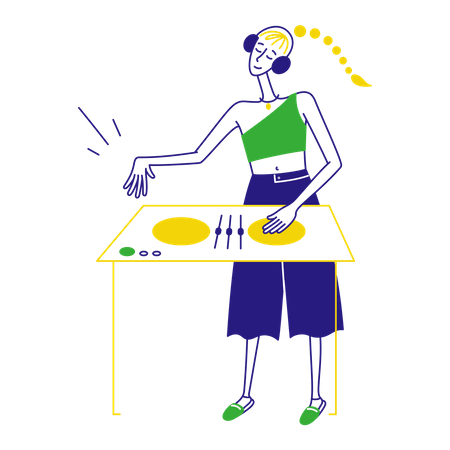 DJ de mulher na mesa de música  Ilustração
