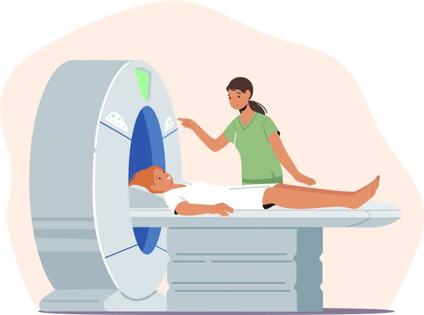 Mulher deitada na máquina de ressonância magnética  Ilustração
