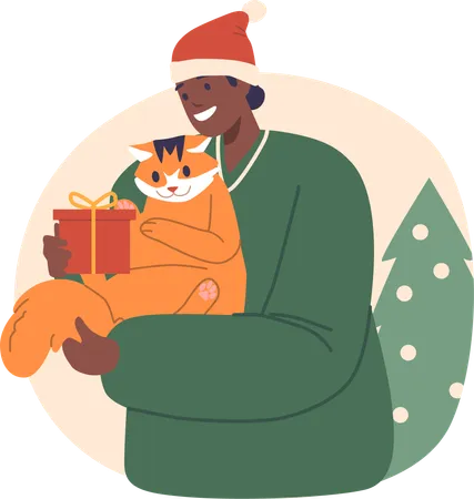 Mulher oferece delicadamente presente de Natal cuidadosamente embrulhado para companheiro felino  Ilustração