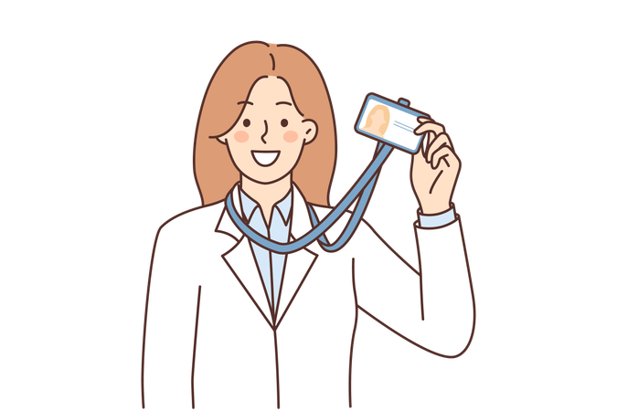 Mulher demonstra cartão de identificação pendurado no pescoço para identificação e entrada no laboratório de ciências  Ilustração