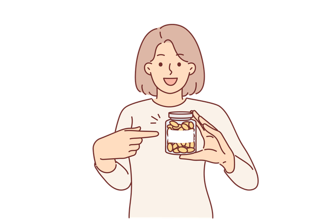 Mulher demonstra frasco de vitaminas ômega-3  Ilustração