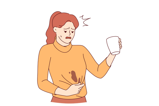 Mulher desajeitada derrama café no suéter e precisa ser lavada com urgência  Ilustração