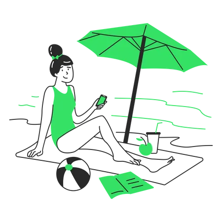 Mulher descansando na praia sob um guarda-chuva  Illustration