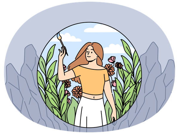 Mulher desenhando a bela natureza ao redor e criando condições favoráveis  Ilustração