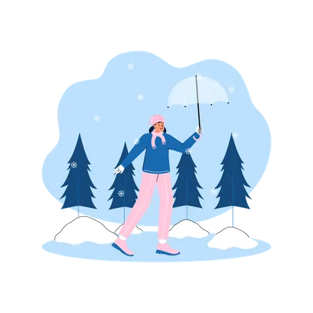 Mulher aproveitando a queda de neve  Ilustração