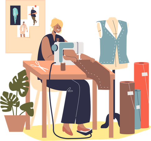 Designer de moda feminina trabalha em roupas de costura de máquina de costura no ateliê de oficina  Ilustração
