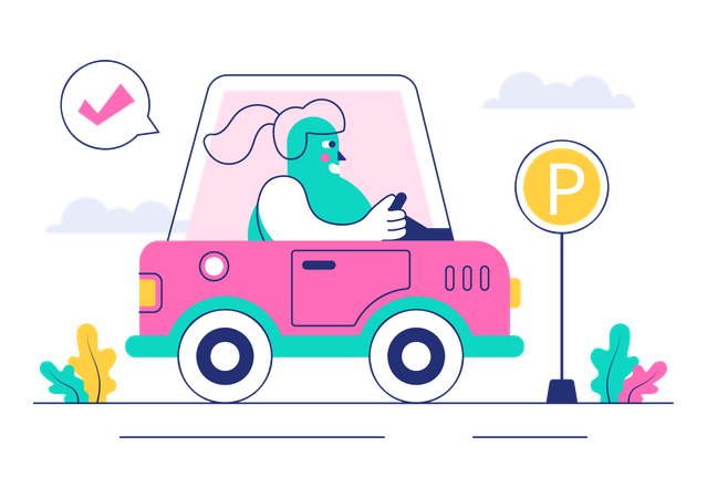 Mulher dirige carro em escola de direção  Ilustração