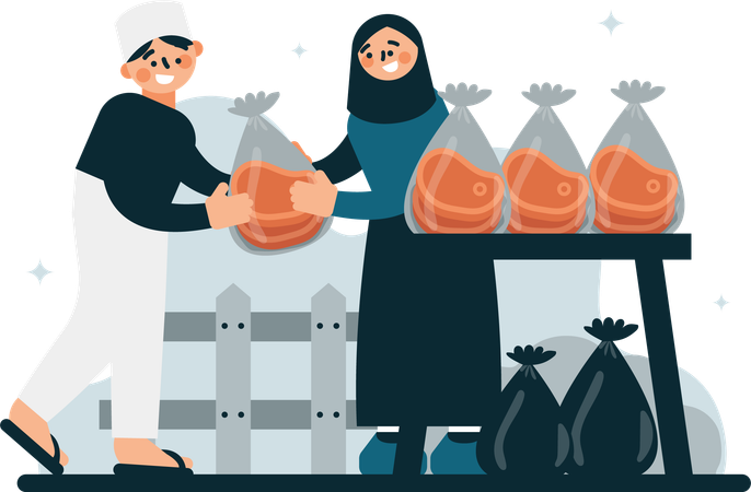 Mulher distribuindo carne qurbani  Ilustração