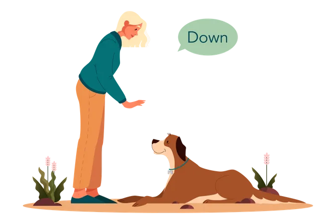 Mulher dizendo para cachorro sentar  Ilustração