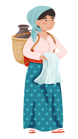 Mulher do campo carrega água em uma jarra nas costas  Ilustração