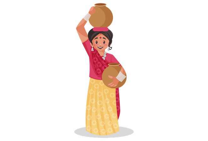 Mulher do Rajastão carregando potes de água de barro  Ilustração