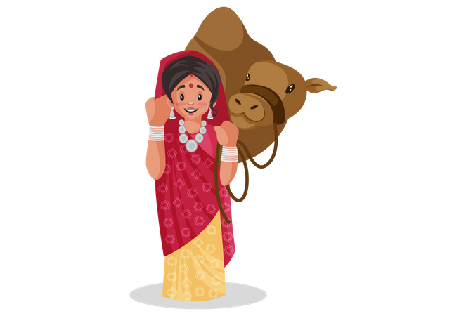 Mulher do Rajastão está de pé com camelo  Ilustração