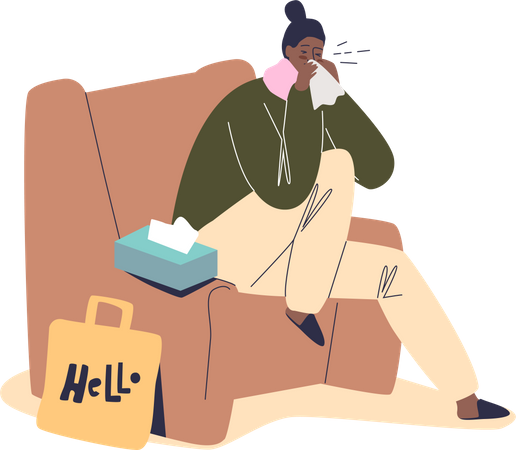Mulher doente com espirros frios em lenço sentado em poltrona em casa  Ilustração
