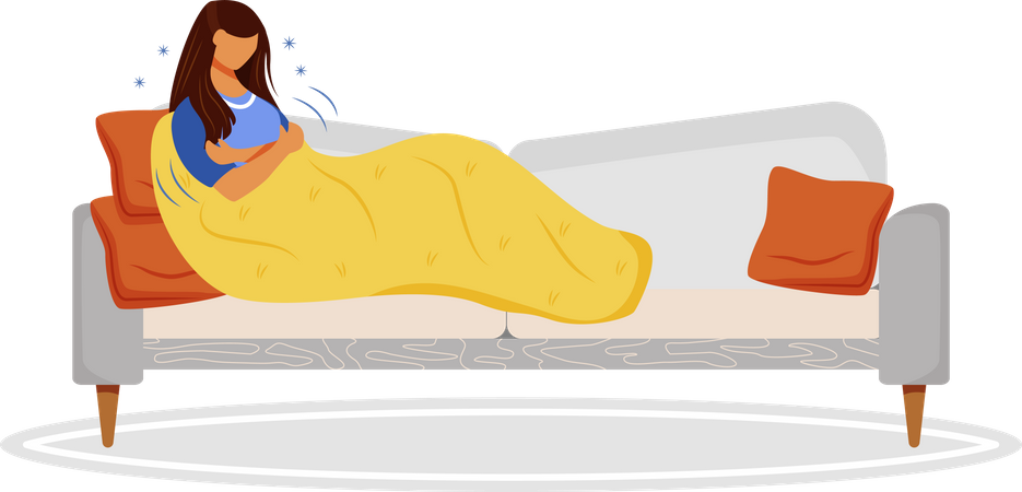 Mulher doente que sofre de febre  Ilustração