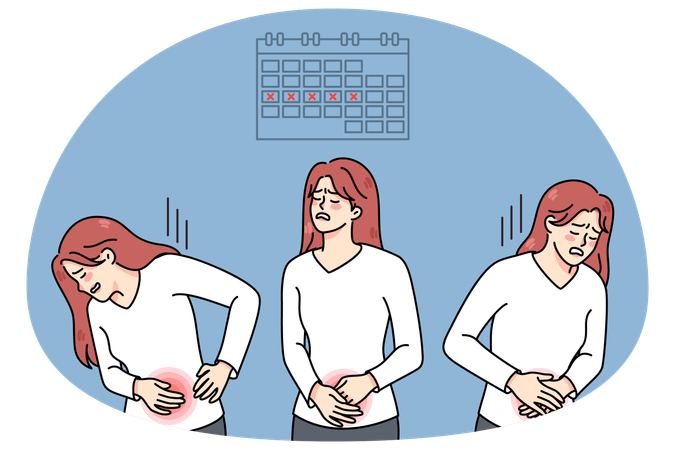Mulher doente sofre de períodos dolorosos  Ilustração