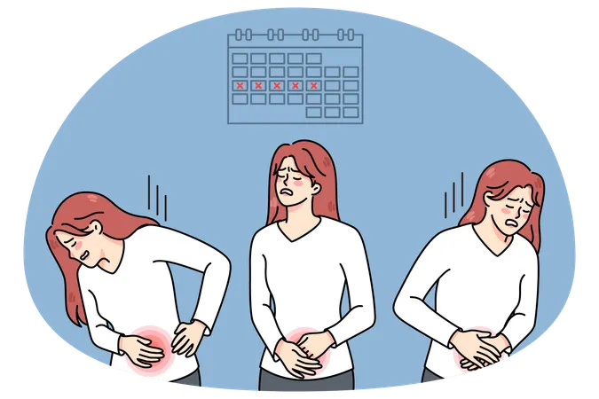 Mulher doente sofre de períodos dolorosos  Ilustração