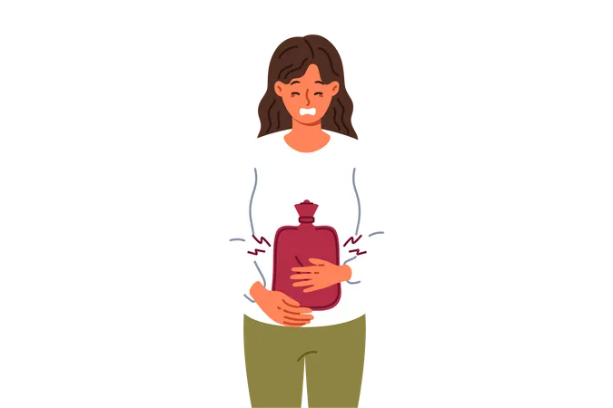 Mulher doente que sofre usa almofada térmica de borracha para aliviar dores abdominais causadas por ciclos menstruais  Ilustração