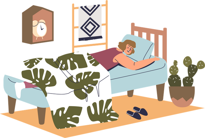 Mulher dormindo confortável deitada debaixo do cobertor na cama com colchão confortável  Ilustração