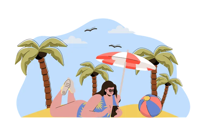 Mulher dormindo na praia vestindo maiô  Ilustração