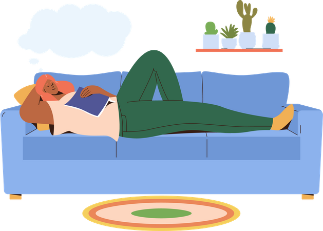 Mulher dormindo no sofá com livro caído aproveitando recreação de fim de semana  Ilustração