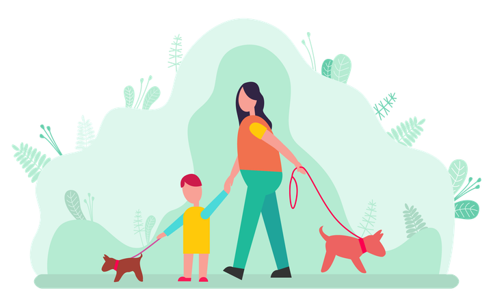 Mulher e filho passeando com cachorros  Ilustração