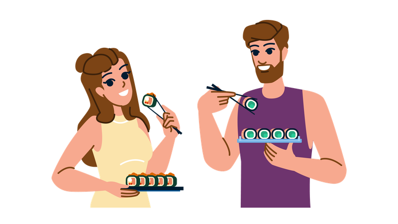 Mulher e homem comendo sushi  Ilustração